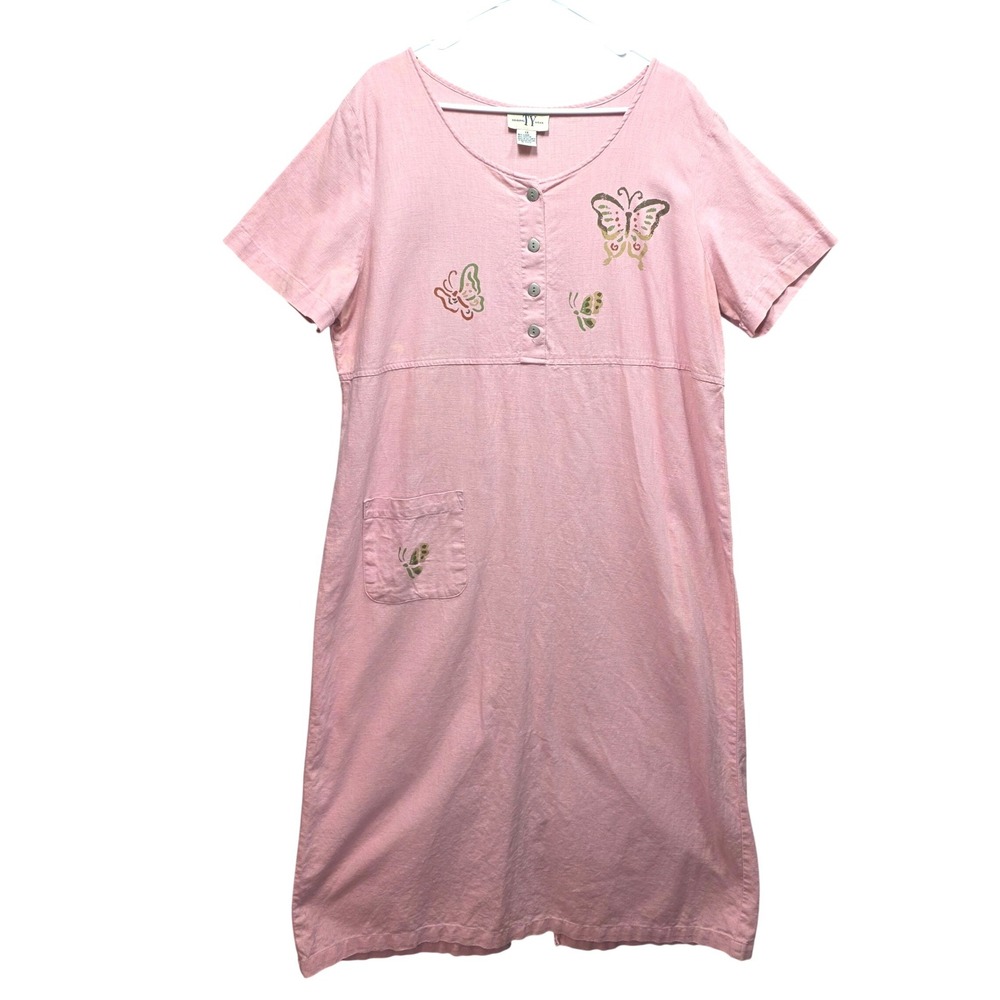 Vtg Original TY Wear Linen Blend Butterfly Maxi Shift Dress 1X Pink Cottagecore